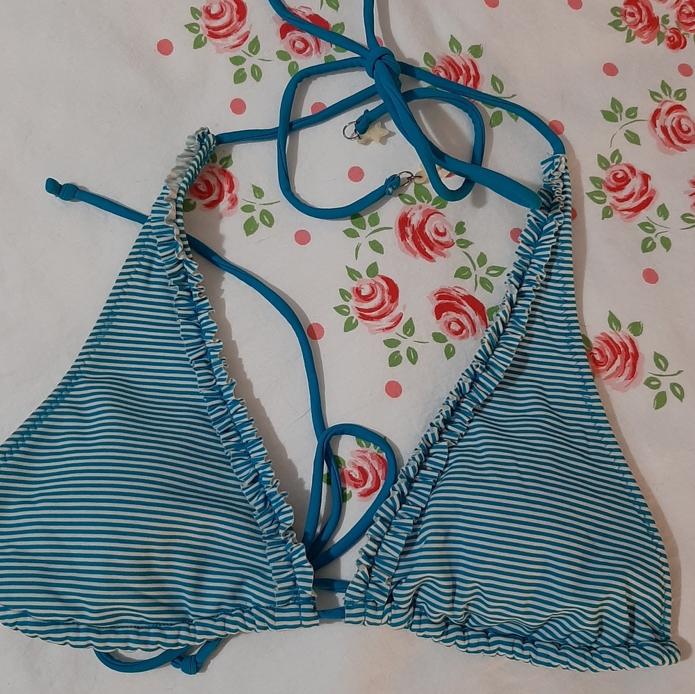 Blue and White Striped Bikini Top